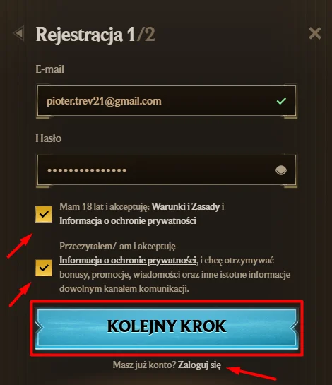 registration form casino step one